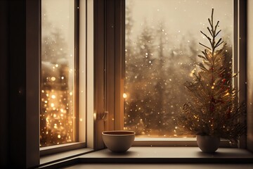 Christmas gifts and decorations at the windowsill. Books and gifts by the snowy xmas window. Cozy holiday New Year celebration evening ambience postcard banner. Generative AI.