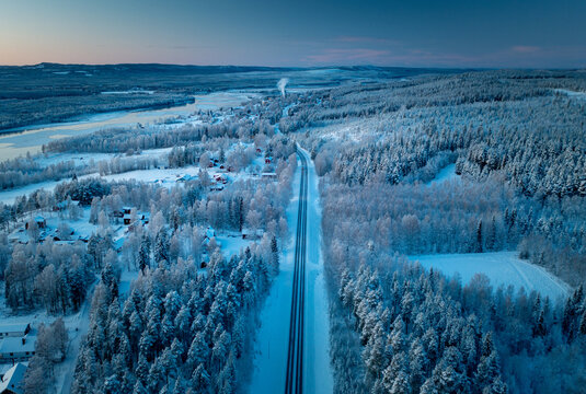Aerial View Over Arctic Winter Road, Swedish Lapland