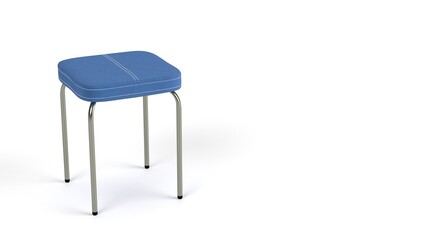 A stool with metal legs made of blue velvet upholstery on a white background
