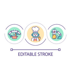 Robotic cooking machine loop concept icon. Artificial intelligence prepares food. Kitchen assistant abstract idea thin line illustration. Isolated outline drawing. Editable stroke. Arial font used