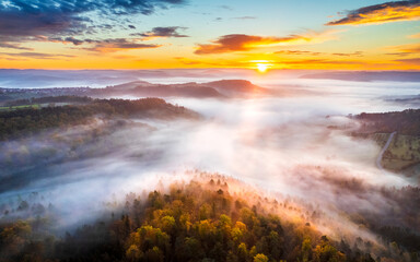 Germany, Baden-Wurttemberg, Drone view of Remstal valley at foggy sunrise