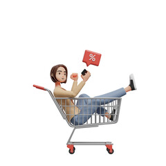 young woman sitting in a trolley looking at a mobile phone screen, 3d illustration of a woman shopping
