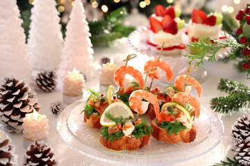 Delicious bruschetta with cream cheese, dill, salmon and shrimp .Festive Appetizer for christmas...