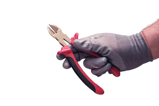 Wire cutters in the hands of a man, isolated on the white background