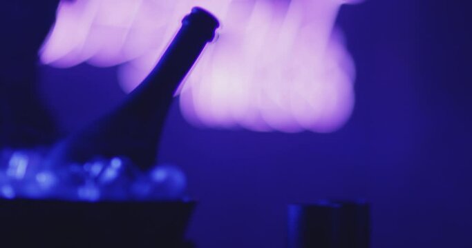 Close up view of sexy woman flirting , dancing and drinking glass of champagne . Smoke rises from ice cubes . Black colored sparkling wine bottle and glasses inside night club . Concept of nightlife