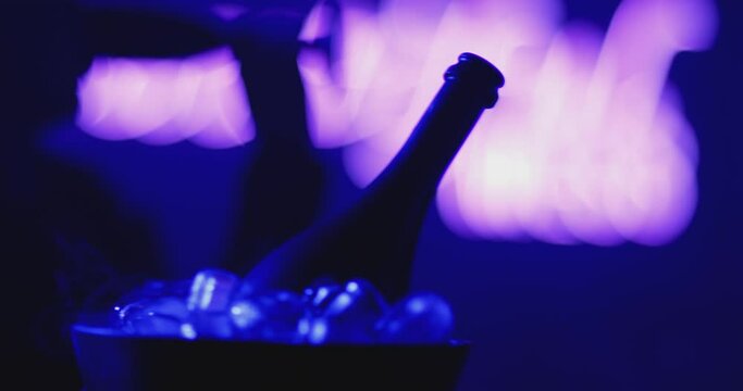 Close up view of sexy woman flirting , dancing and drinking glass of champagne . Smoke rises from ice cubes . Black colored sparkling wine bottle and glasses inside night club . Concept of nightlife