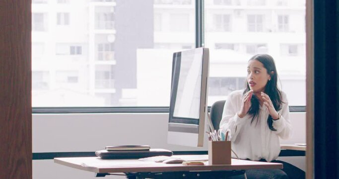 Angry businessman, hammer and broken computer monitor in office, workplace and stress. Crazy, frustrated and violence worker smash desktop screen in anger, rage and chaos, mad and psycho destruction