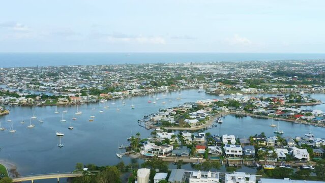 Aerial Drone View Over Mooloolaba Harbour And Canal With Boats And Waterfront Homes, 4K