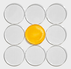 Shower cream in petri dish with plastic lid on white laboratory table. Chemical ingredient for cosmetics and toiletries product. Top View