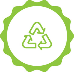 recyclable green stamp. Symbol, outline icon, tag, badge, label, circle, green white vector round isolated on transparent background.