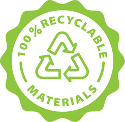100% recyclable materials green stamp. Symbol, outline icon, tag, badge, label, circle, green white vector round isolated on transparent background.