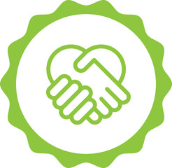 handshake, support, fair trade,
agreement green stamp. Symbol, outline icon, tag, badge, label, circle, green white vector round isolated on transparent background.