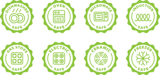 appliances stoves safety green stamp, icon set. Symbol, outline icon, tag, badge, label, circle, green white vector round isolated on transparent background. Dishwasher, oven, microwave, induction