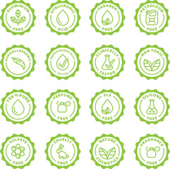eco, bio, non toxic, clean, nature cosmetics icon stamp set. green stamps. Symbol, outline icon, tag, badge, label, circle, green white vector round isolated on transparent background.
