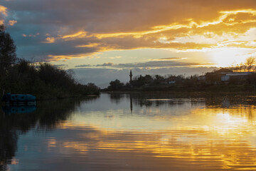 Sunrise over Uluabat creek feeding Uluabat lake