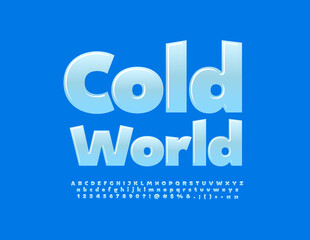 Vector blue emblem Cold World. Bold glossy Font. Creative set of Alphabet Letters and Numbers