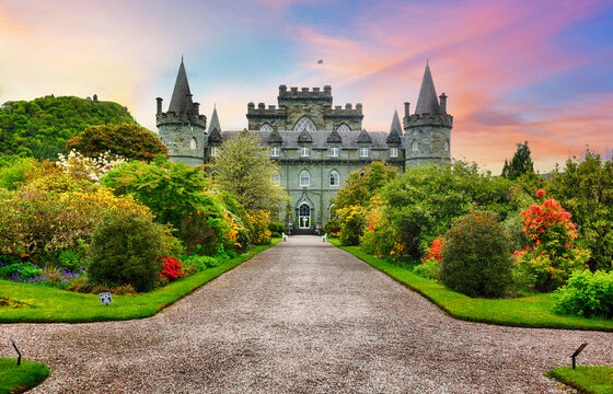 Inveraray castle and garden at sunset, Scotland - UK