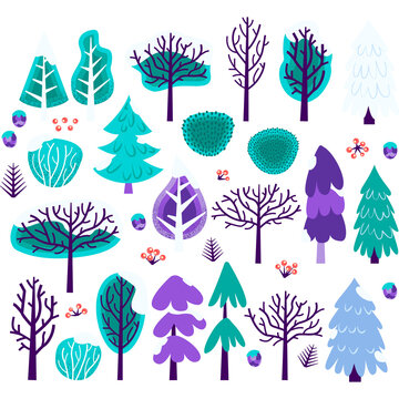 Big Winter Christmas Tree Set. Illustration of Nature Plants and Bushes.