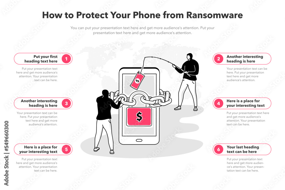 Poster Simple infographic template for how to protect your phone from ransomware. 6 stages template with a smartphone and two hackers as a main symbol.