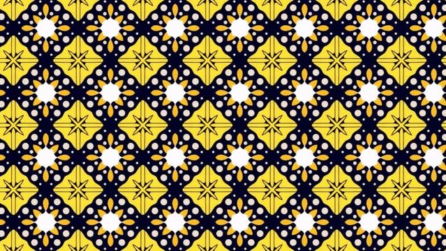 Maximal element tiles geometric seamless pattern in yellow, white, and black colors. Panning Seamless background