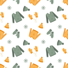 Seamless christmas pattern with warm and cozy knitted clothes: sweater, hat, mittens and snowflakes on white background. Perfect for greeting cards, wallpaper, gift paper, winter decorations.