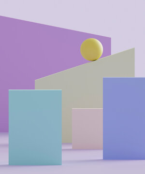 Three dimensional render of sphere and pastel colored geometric shapes