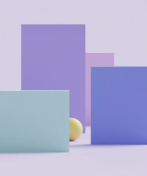 Three dimensional render of sphere and pastel colored rectangles