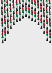 An arch or curtain made with hanging tassels. Decorative empty template with blank space with colorful tassels.