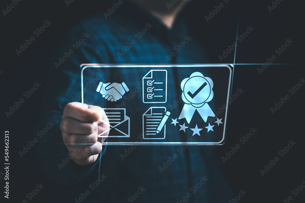 Poster Businessman using virtual tablet with quality assurance and document icon for ISO or International Standard Organisation which related quality control and continuous improvement concept.