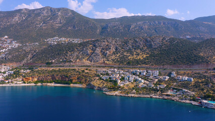 Fototapeta na wymiar Beautiful coastal city landscape. Aerial panoramic view from drone. Vacation and holiday concept.