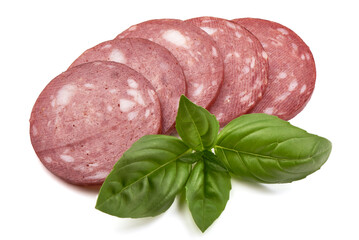 Traditional piece of Spanish Salchichon sausage slices isolated on white background