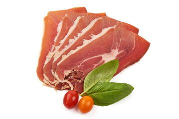 Italian prosciutto crudo or jamon. Raw Sliced ham. Isolated on white background.