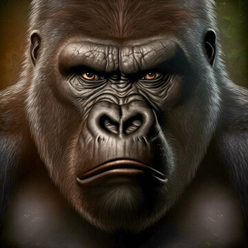 Beautiful gorilla portrait. AI generated photorealistic illustration. Not based on original images, characters or people