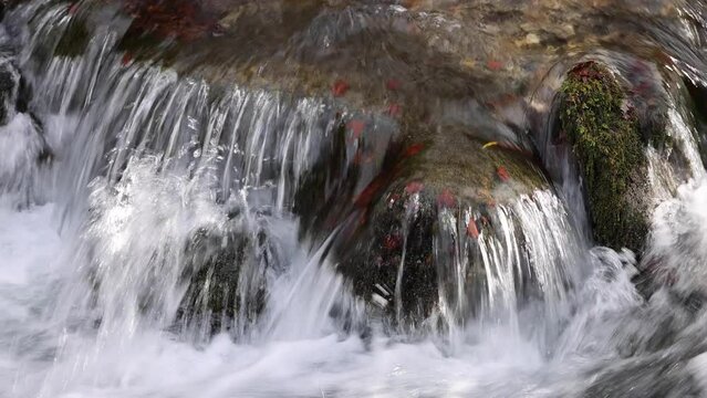 agua cristalina de monta&ntilde;a fluyendo a trav&eacute;s de rocas con musgo verde