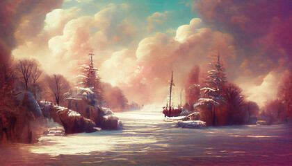 Vintage winter landscape oil painting background