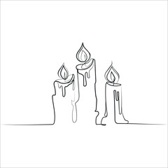 Three burning candles One line drawing vector illustration isolated on white background.Continuous line drawing of candle, black and white sect.Black contour simple minimalist graphic