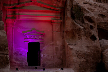 Little Petra, Jordan, Nabataean temple at the entrance to the canyon, illuminated at night time
