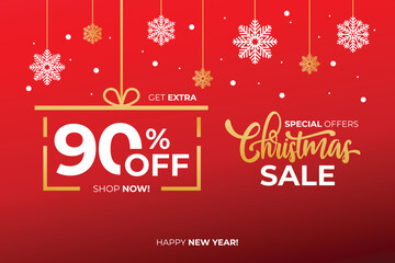 New year sale. Christmas sale label with sale precentage 90 percent. Horizontal posters, greeting cards, header, website. Red Card with Christmas snowflakes. Card or Christmas themed invitations.