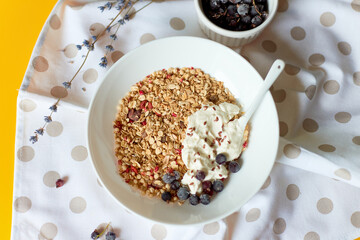Morning granola breakfast with greek yougurt and blueberry, Homemade oatmeal granola, healthy food.