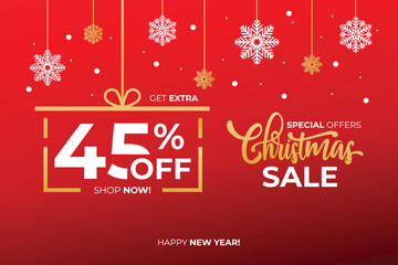 New year sale. Christmas sale label with sale precentage 45 percent. Horizontal posters, greeting cards, header, website. Red Card with Christmas snowflakes. Card or Christmas themed invitations.