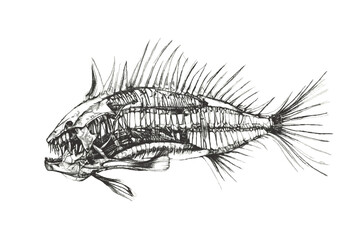 Fish skeleton. Fantastic Sea monster. Doodle sketch. Vector illustration. Isolated on white background.