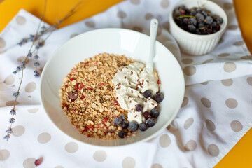 Morning granola breakfast with greek yougurt and blueberry, Homemade oatmeal granola, healthy food.