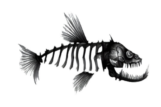 Fantastic fish skeleton. Sea monster. Halftone Vector illustration. Isolated on white background.