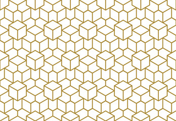 Fototapeta premium 3d floating cubes illusion line art geometric repeat pattern in gold color outline, vector illustration