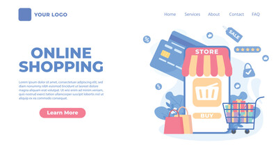 Landing page template of Online Shopping. Online shopping concept illustrations on the mobile application.