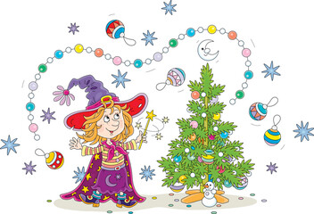 Happy little witch waving her magic wand and decorating a small Christmas tree with flying colorful garlands, toys and balls, vector cartoon illustration isolated on a white background