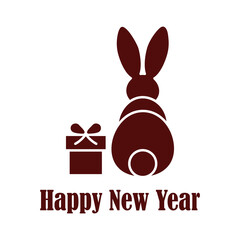 Rabbit with gift box Bunny with present Happy New Year minimalistic greeting card