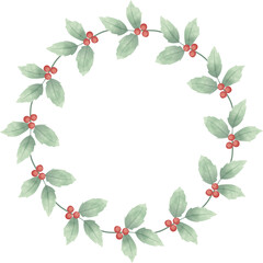 Christmas wreath, flower wreath of christmas flower, holly berries with leaves clipart. Isolated element graphic. Watercolor style illustration.