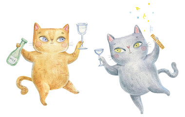 cute Ukrainian cat patriot, warrior rejoices in the victory of Ukraine, children's illustration in watercolor on a white background, stickers, print and design