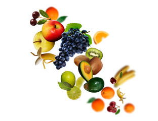 Juicy, tasty, fresh cherry, apple, kiwi, grapes, avokado. banan, lime levitate on a white background, healthy diet. Fresh fruits and vegetables
